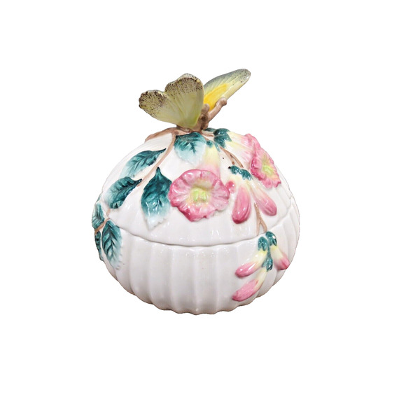Fitz & Floyd Trinket Or Candy Dish Floral Green Leaves & Butterfly Handle 1992 - Picture 1 of 10